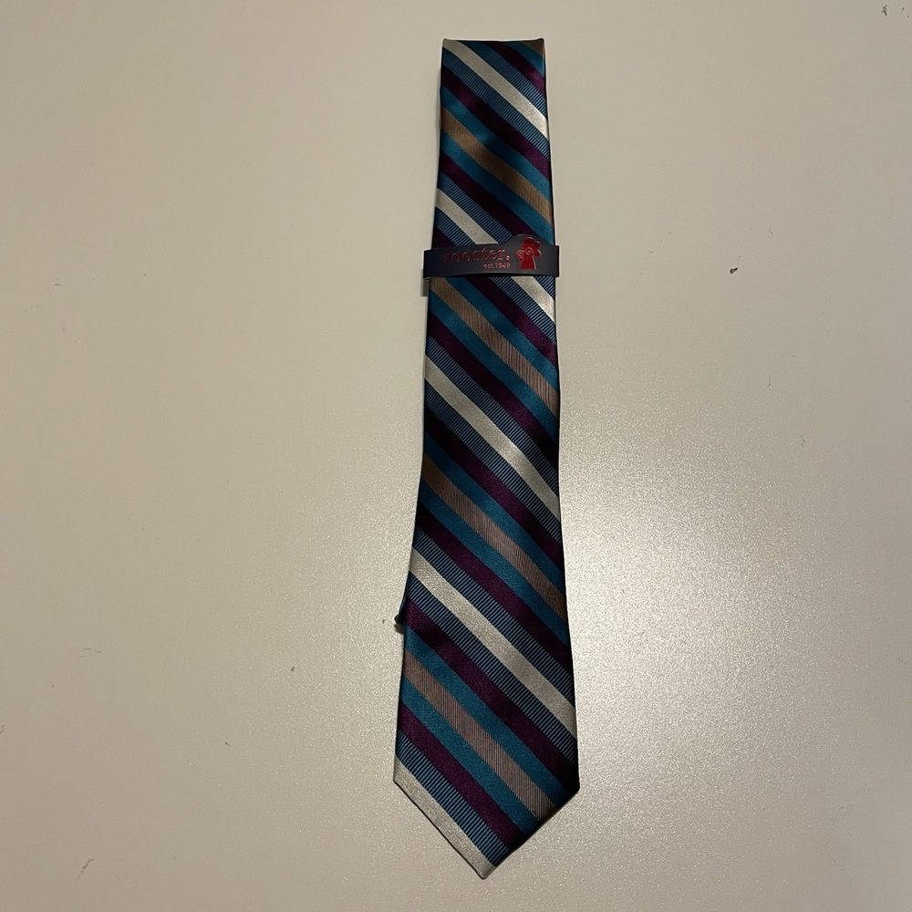 NWT Rooster Men's Striped Tie Blue, Purple,White, Tan - Picture 2 of 8
